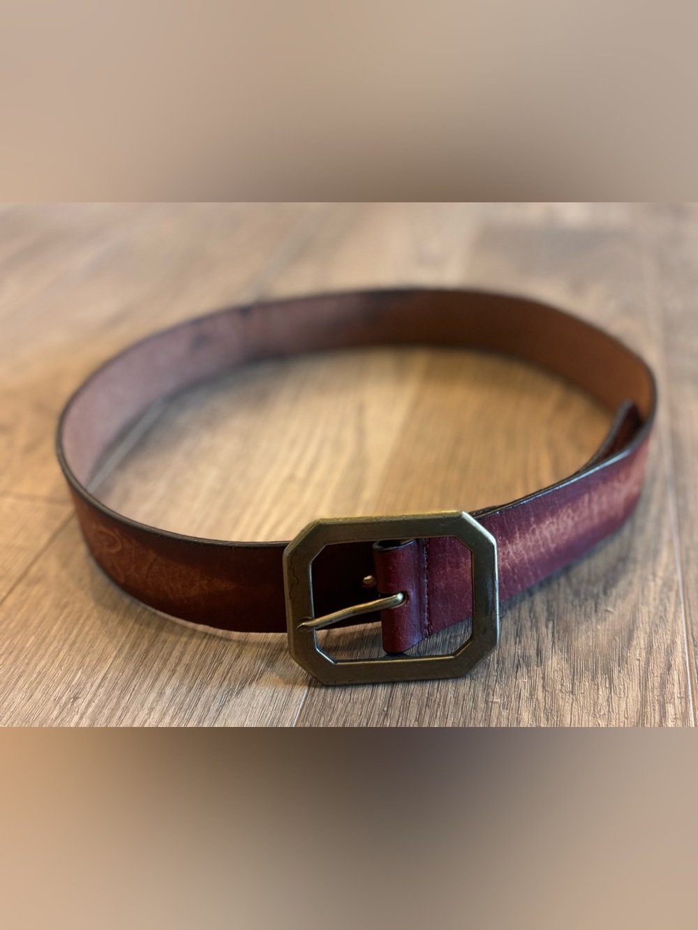 Reddish Brown Leather Belt Floral Print Antique Brass Octagon Buckle